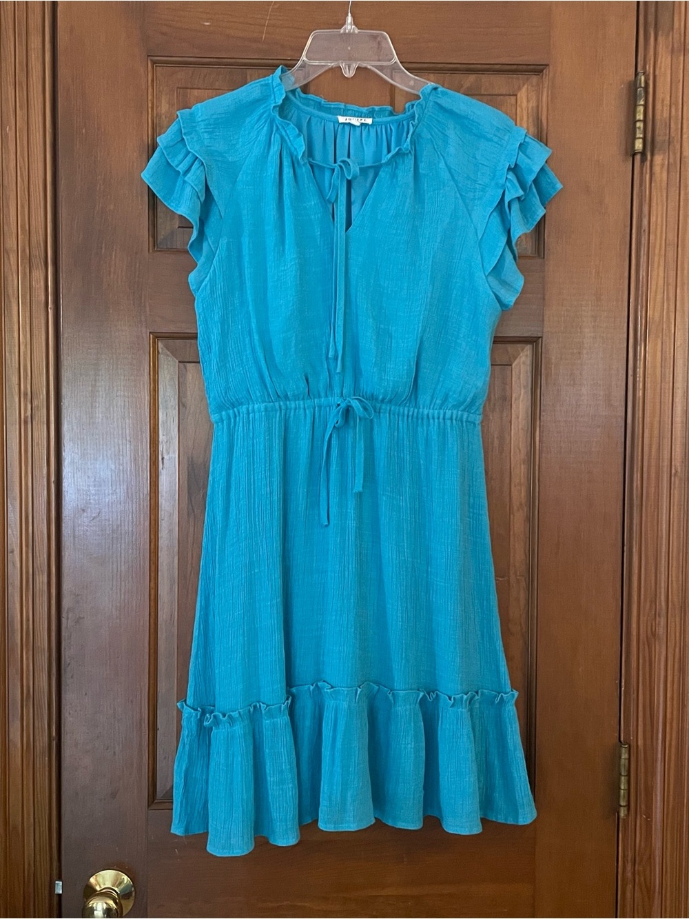 JODIFL Women’s Teal Ruffle-Sleeve Tie-Waist and Tie-Neck Lined Dress Size Medium